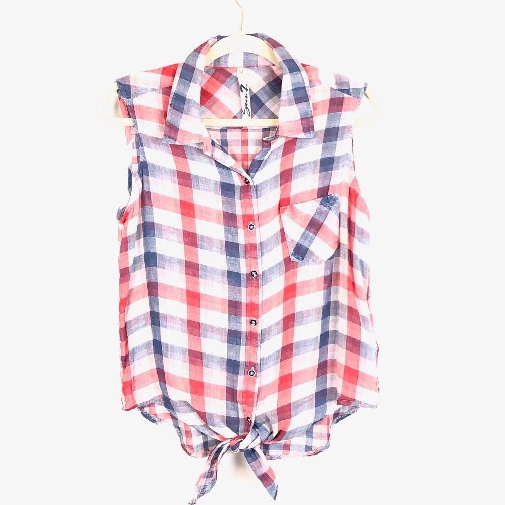 Seven7 Red White Blue Checkered Sleeveless Top